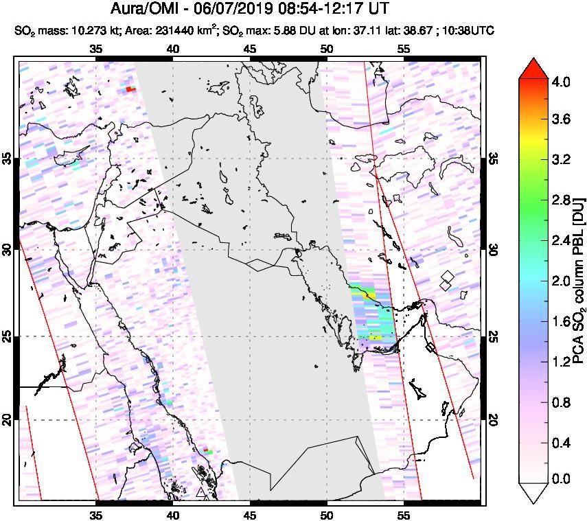 A sulfur dioxide image over Middle East on Jun 07, 2019.