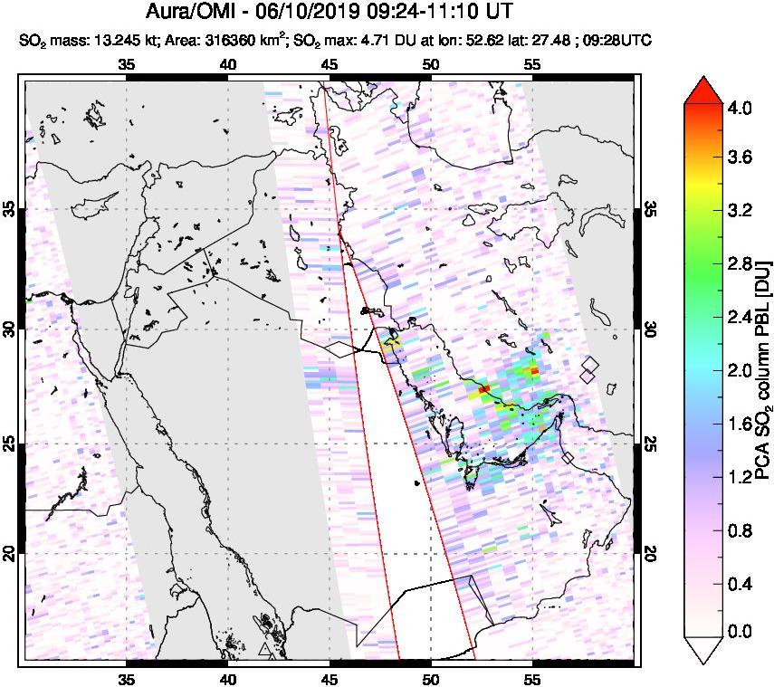 A sulfur dioxide image over Middle East on Jun 10, 2019.