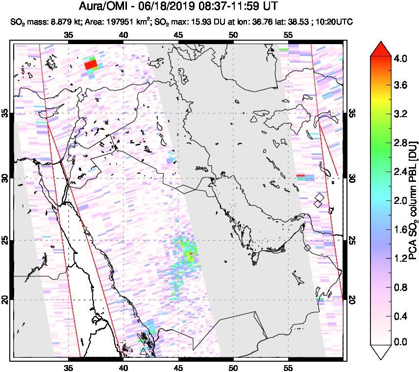 A sulfur dioxide image over Middle East on Jun 18, 2019.