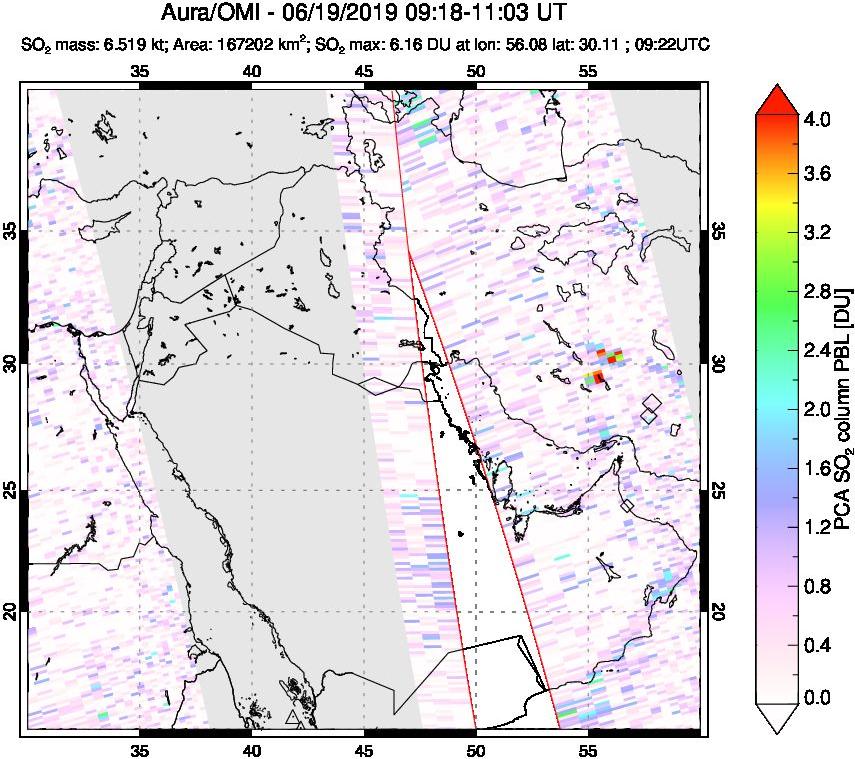 A sulfur dioxide image over Middle East on Jun 19, 2019.