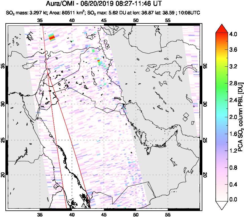 A sulfur dioxide image over Middle East on Jun 20, 2019.