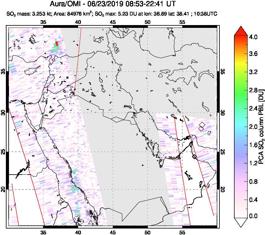 A sulfur dioxide image over Middle East on Jun 23, 2019.
