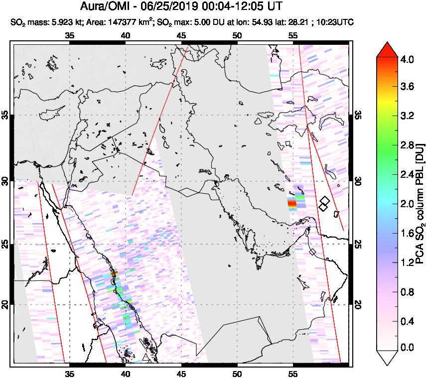 A sulfur dioxide image over Middle East on Jun 25, 2019.