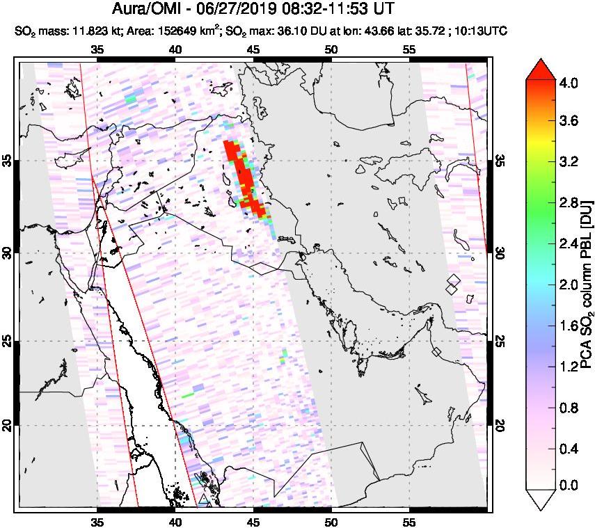 A sulfur dioxide image over Middle East on Jun 27, 2019.