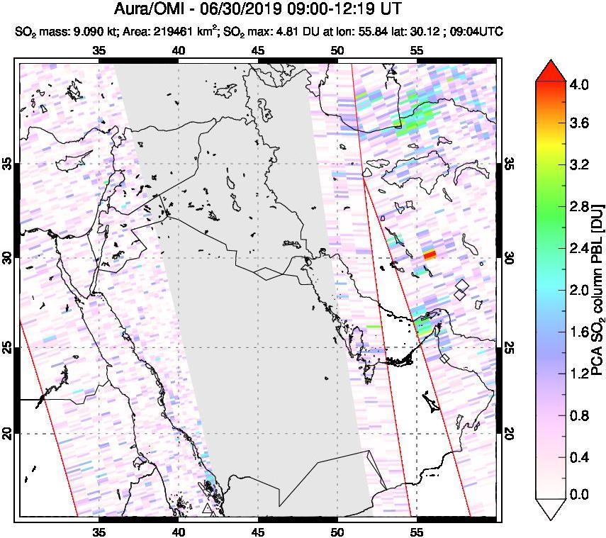 A sulfur dioxide image over Middle East on Jun 30, 2019.