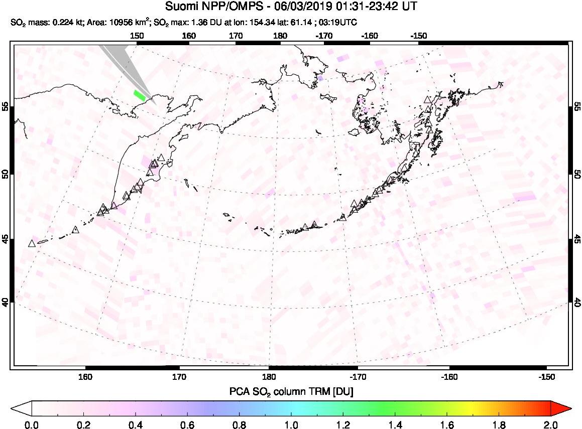 A sulfur dioxide image over North Pacific on Jun 03, 2019.