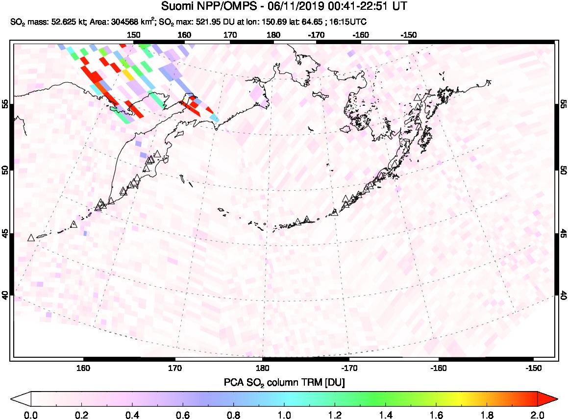 A sulfur dioxide image over North Pacific on Jun 11, 2019.