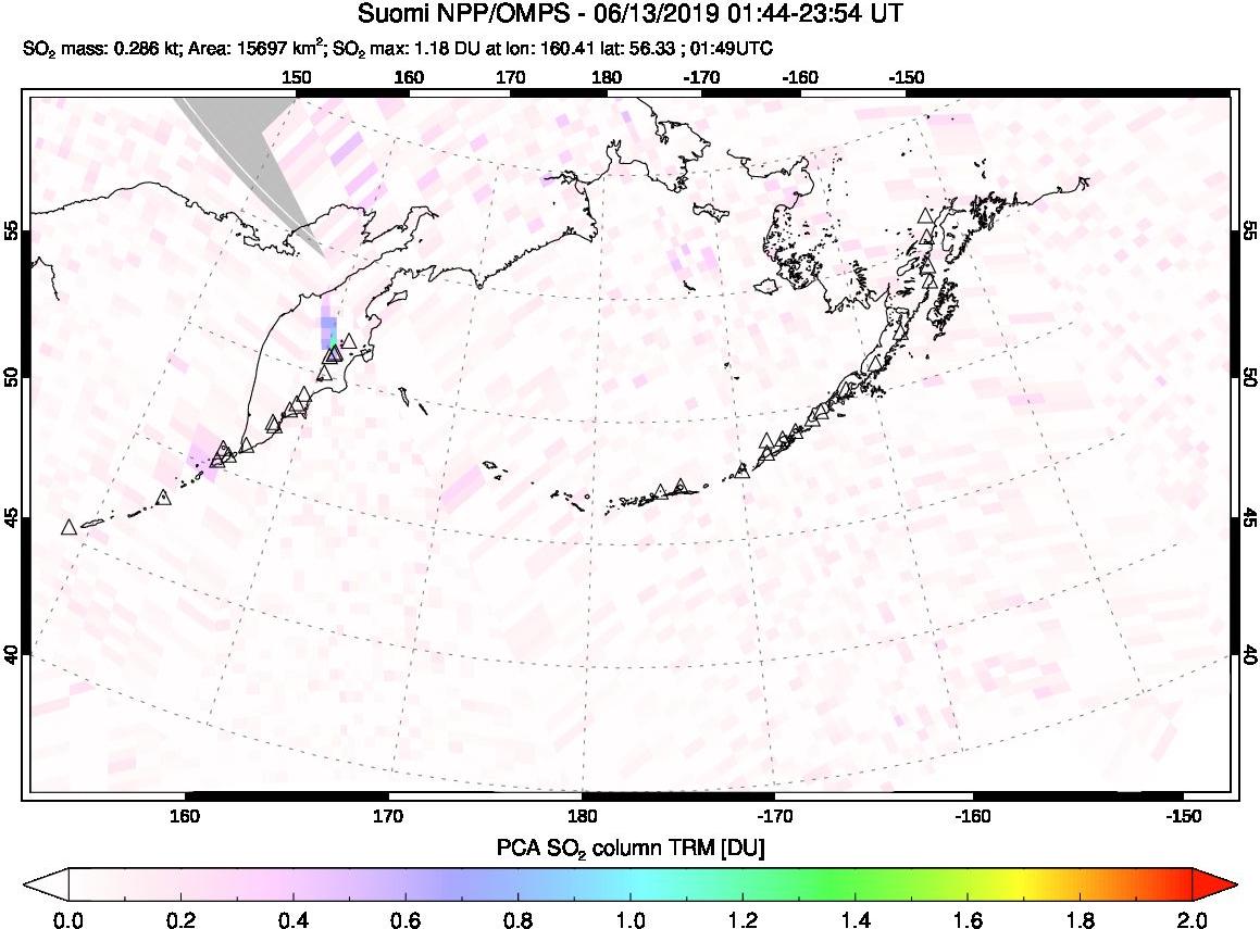 A sulfur dioxide image over North Pacific on Jun 13, 2019.