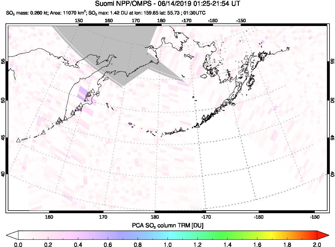 A sulfur dioxide image over North Pacific on Jun 14, 2019.