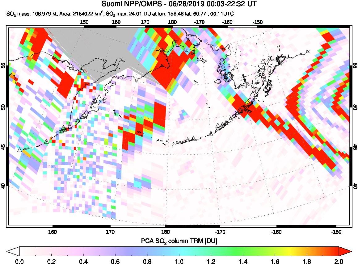 A sulfur dioxide image over North Pacific on Jun 28, 2019.