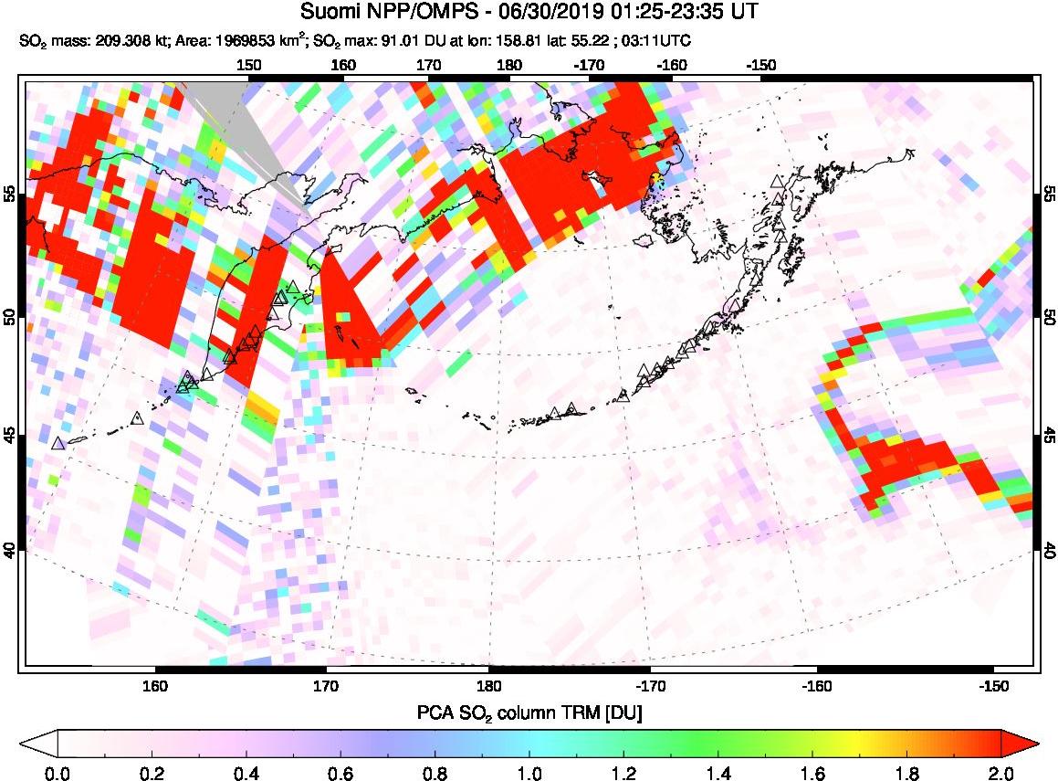 A sulfur dioxide image over North Pacific on Jun 30, 2019.