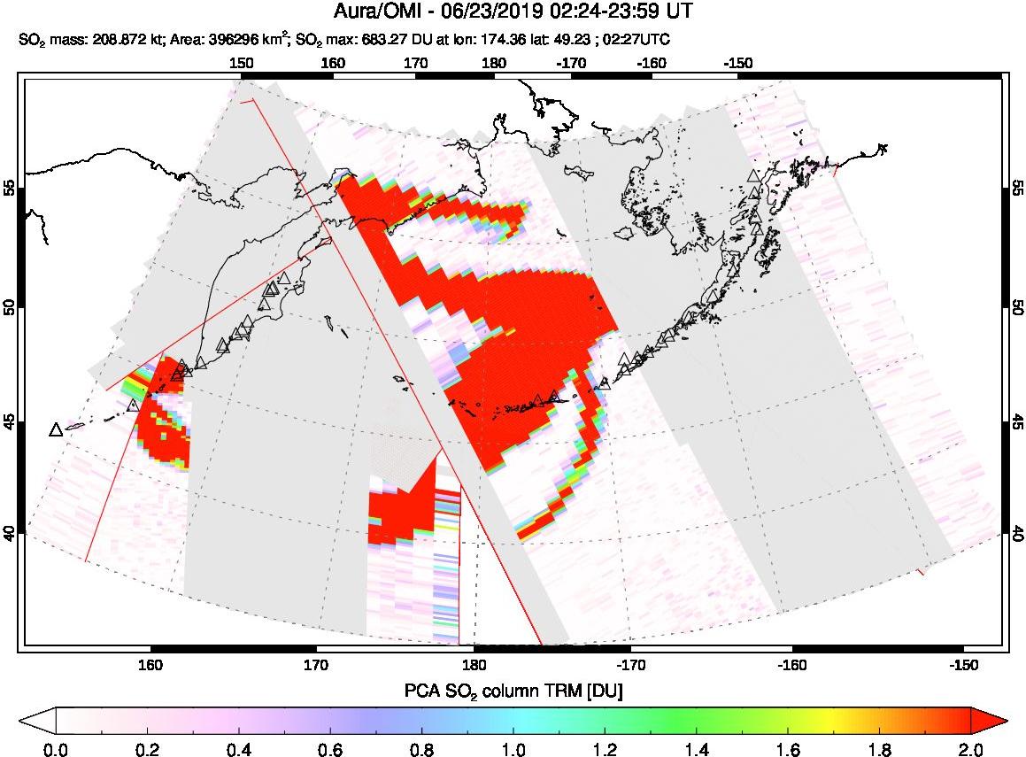 A sulfur dioxide image over North Pacific on Jun 23, 2019.