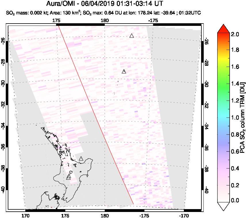 A sulfur dioxide image over New Zealand on Jun 04, 2019.