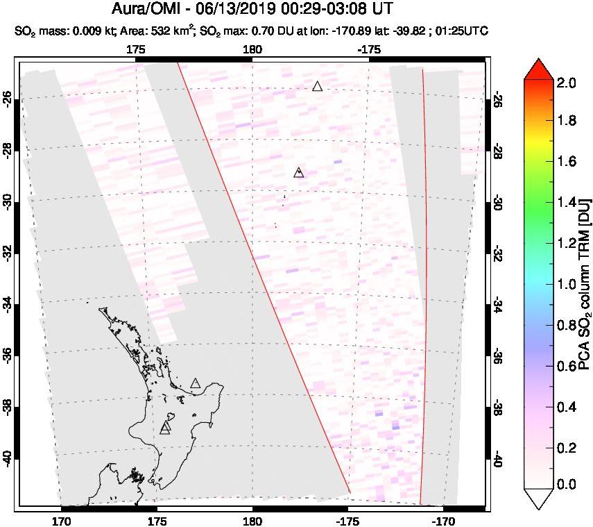 A sulfur dioxide image over New Zealand on Jun 13, 2019.