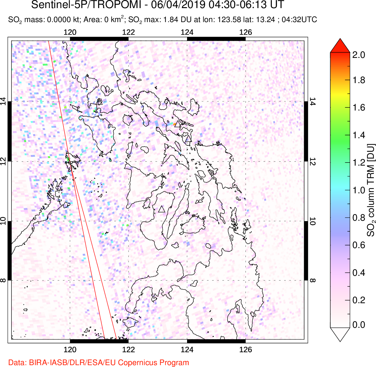 A sulfur dioxide image over Philippines on Jun 04, 2019.
