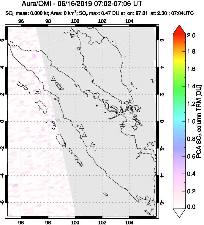 A sulfur dioxide image over Sumatra, Indonesia on Jun 16, 2019.