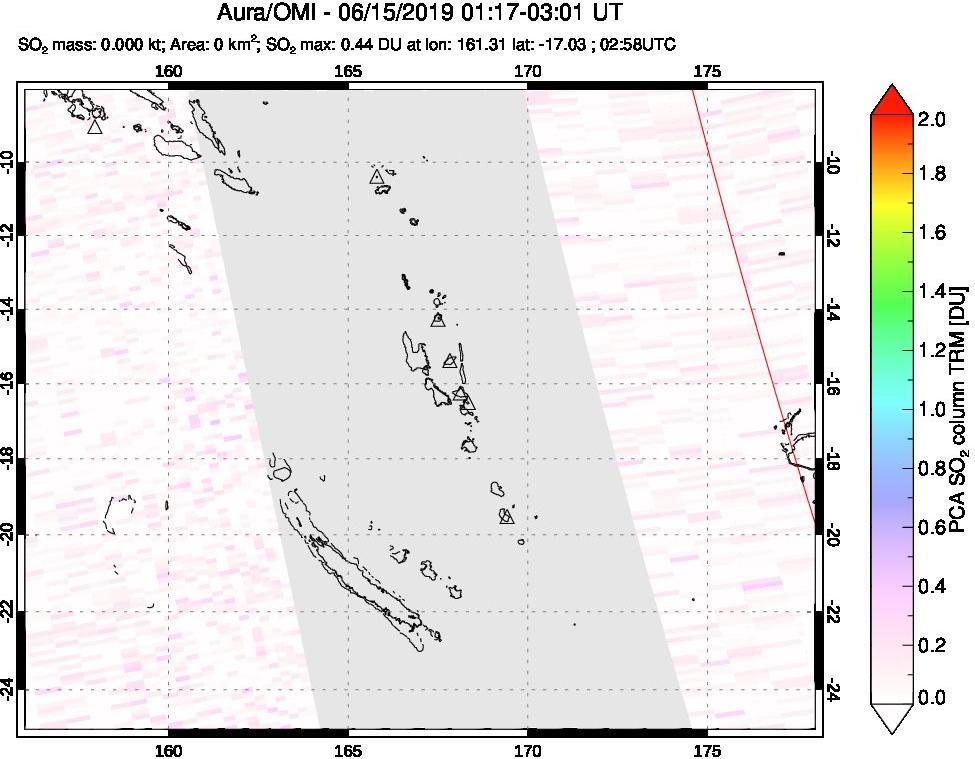A sulfur dioxide image over Vanuatu, South Pacific on Jun 15, 2019.