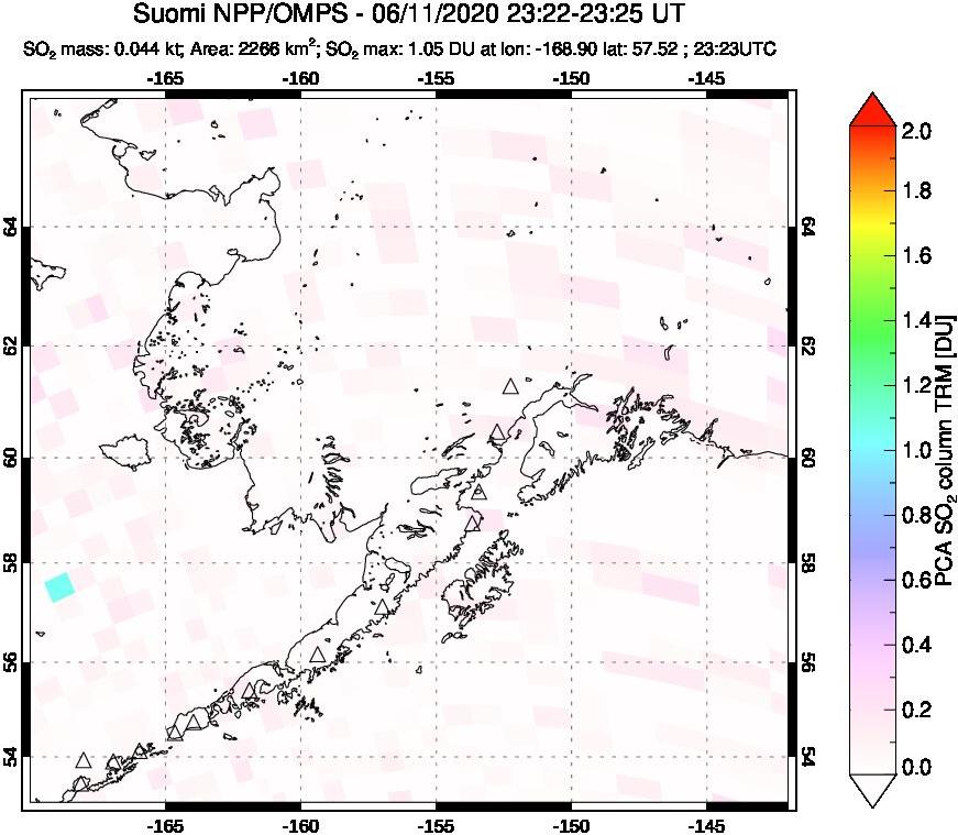 A sulfur dioxide image over Alaska, USA on Jun 11, 2020.
