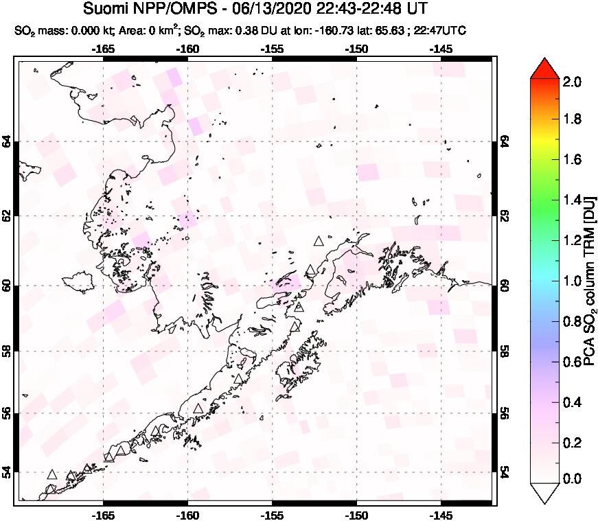 A sulfur dioxide image over Alaska, USA on Jun 13, 2020.