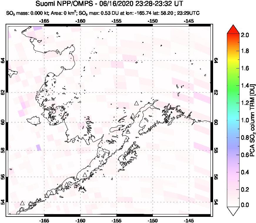 A sulfur dioxide image over Alaska, USA on Jun 16, 2020.