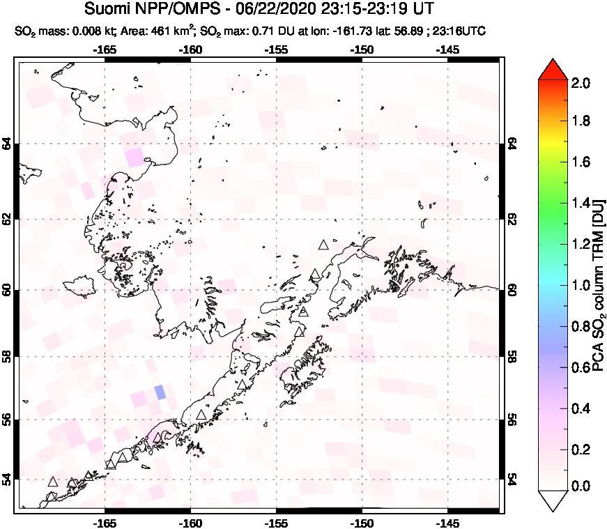 A sulfur dioxide image over Alaska, USA on Jun 22, 2020.