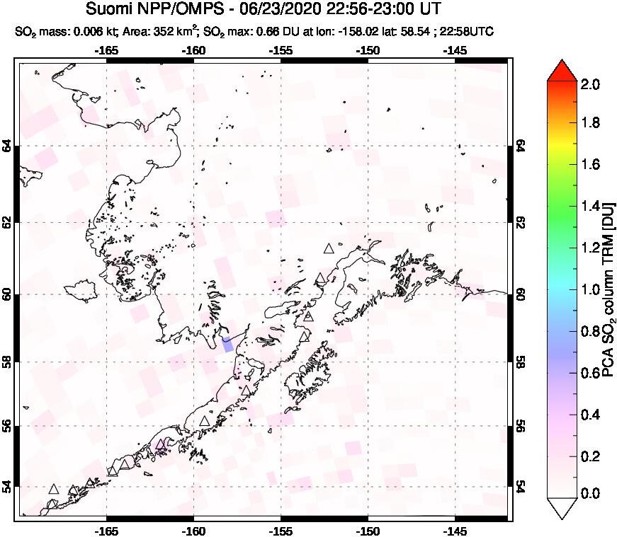 A sulfur dioxide image over Alaska, USA on Jun 23, 2020.