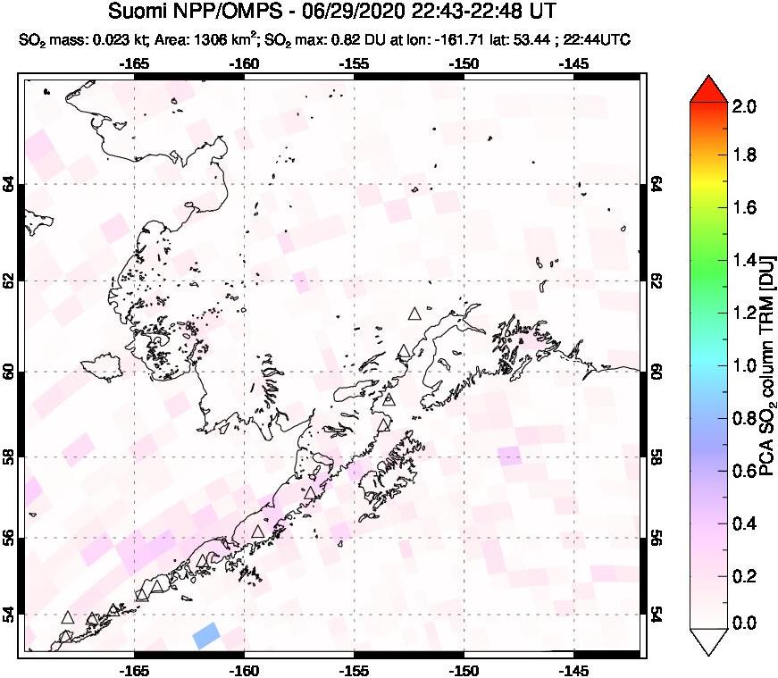 A sulfur dioxide image over Alaska, USA on Jun 29, 2020.