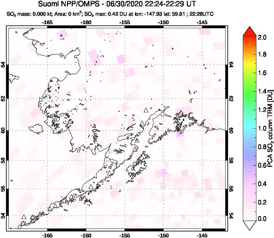 A sulfur dioxide image over Alaska, USA on Jun 30, 2020.