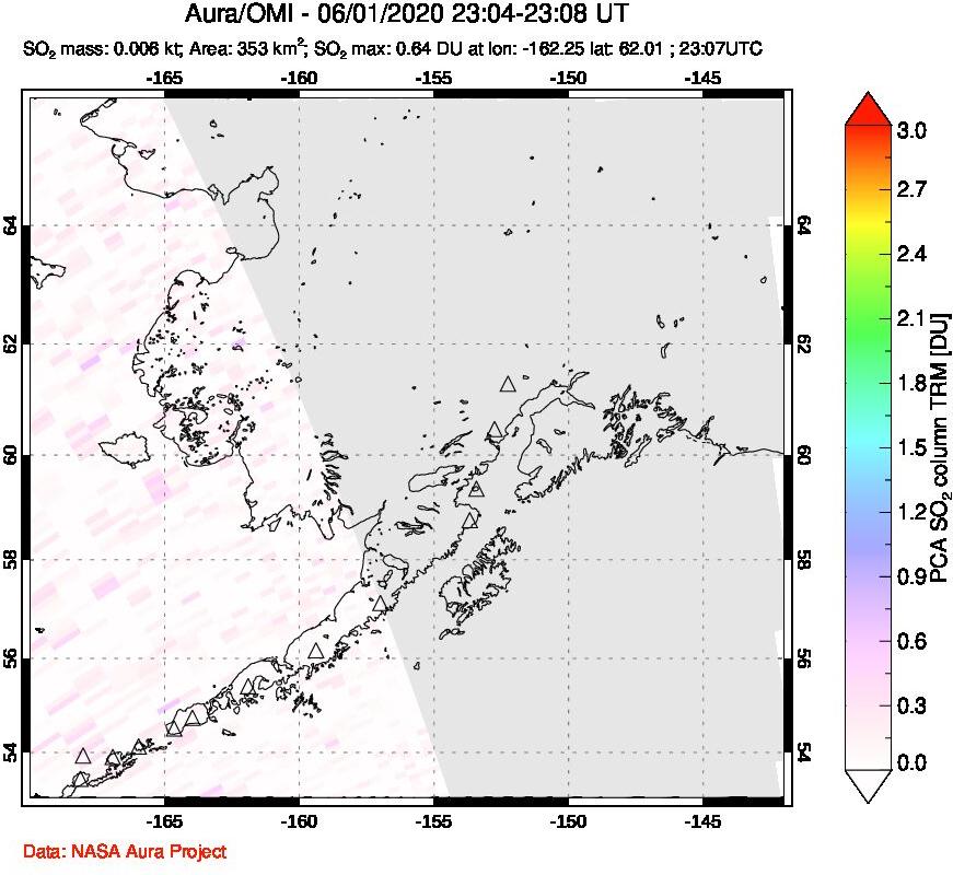 A sulfur dioxide image over Alaska, USA on Jun 01, 2020.