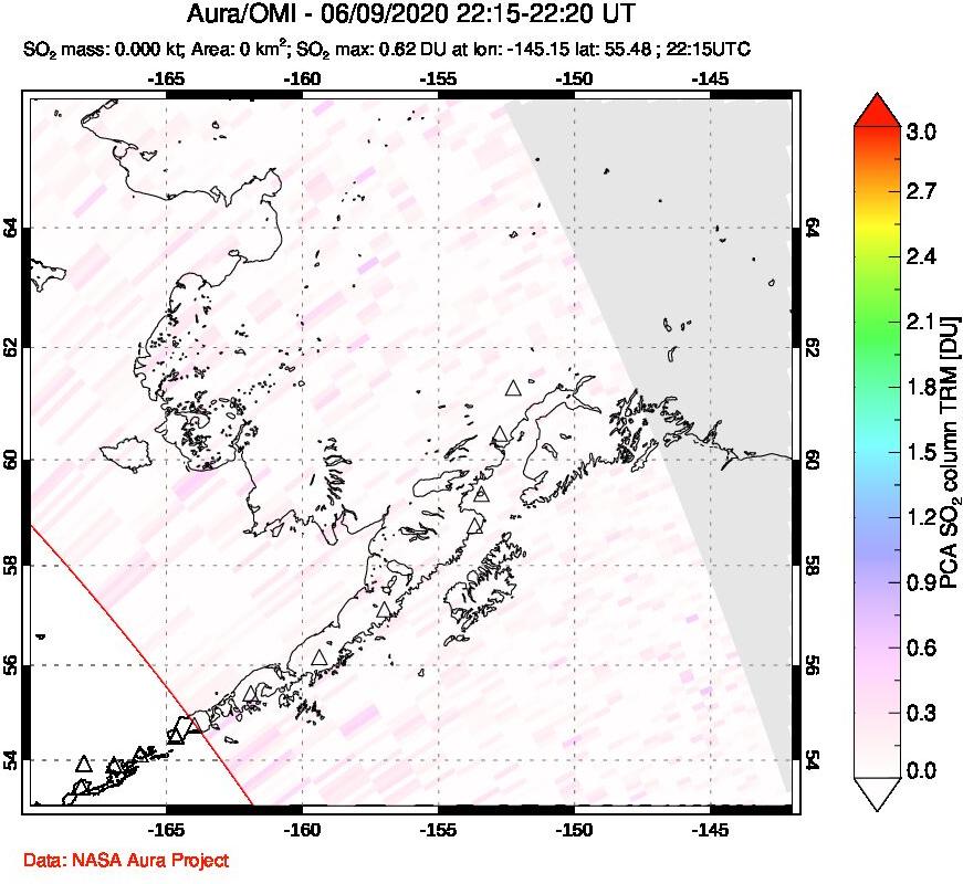 A sulfur dioxide image over Alaska, USA on Jun 09, 2020.