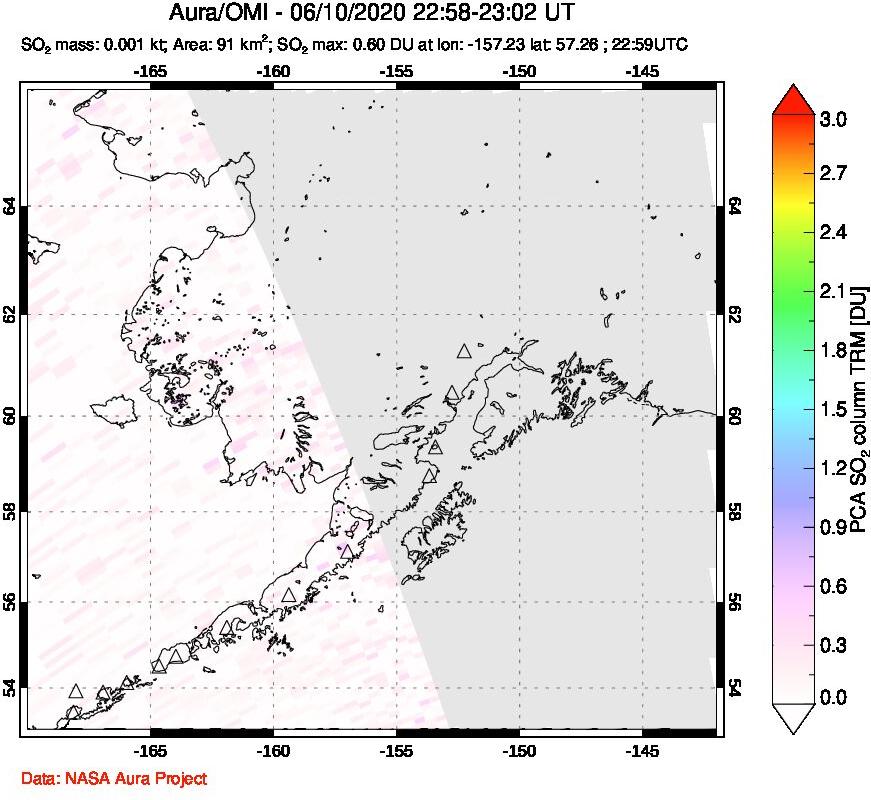 A sulfur dioxide image over Alaska, USA on Jun 10, 2020.