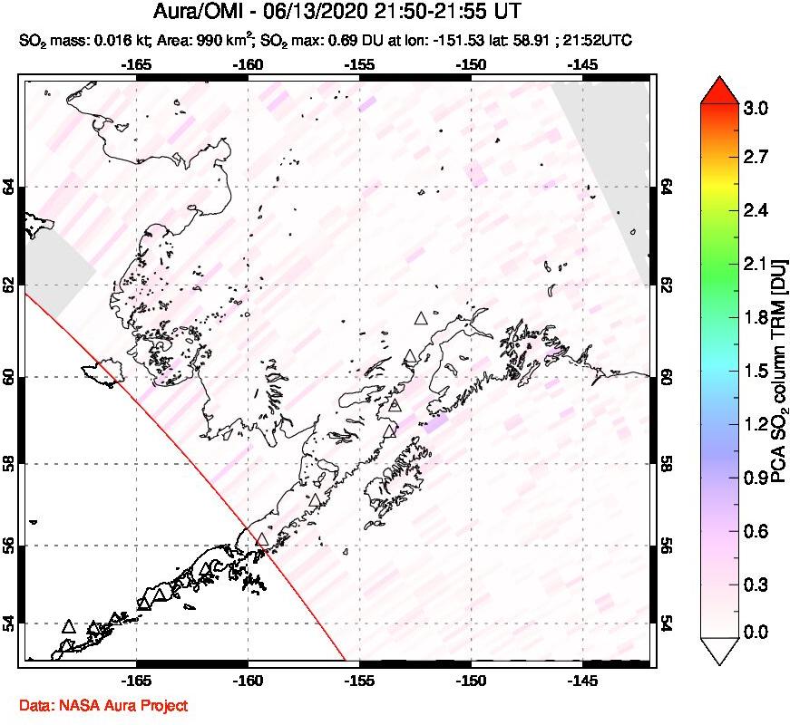 A sulfur dioxide image over Alaska, USA on Jun 13, 2020.