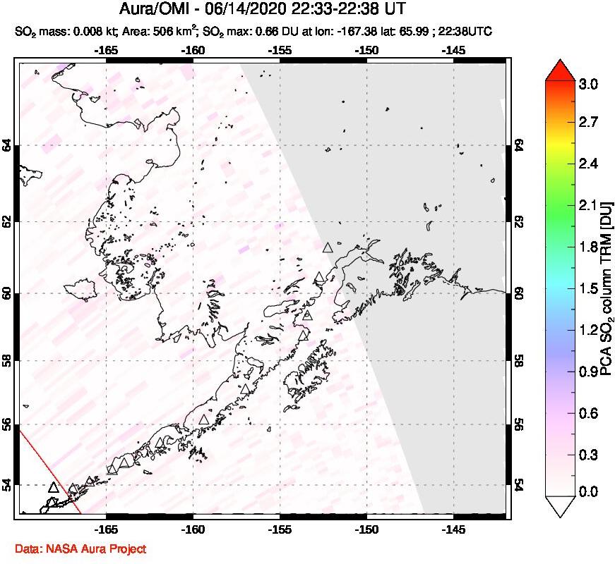 A sulfur dioxide image over Alaska, USA on Jun 14, 2020.