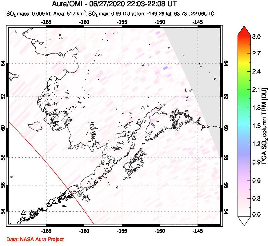 A sulfur dioxide image over Alaska, USA on Jun 27, 2020.
