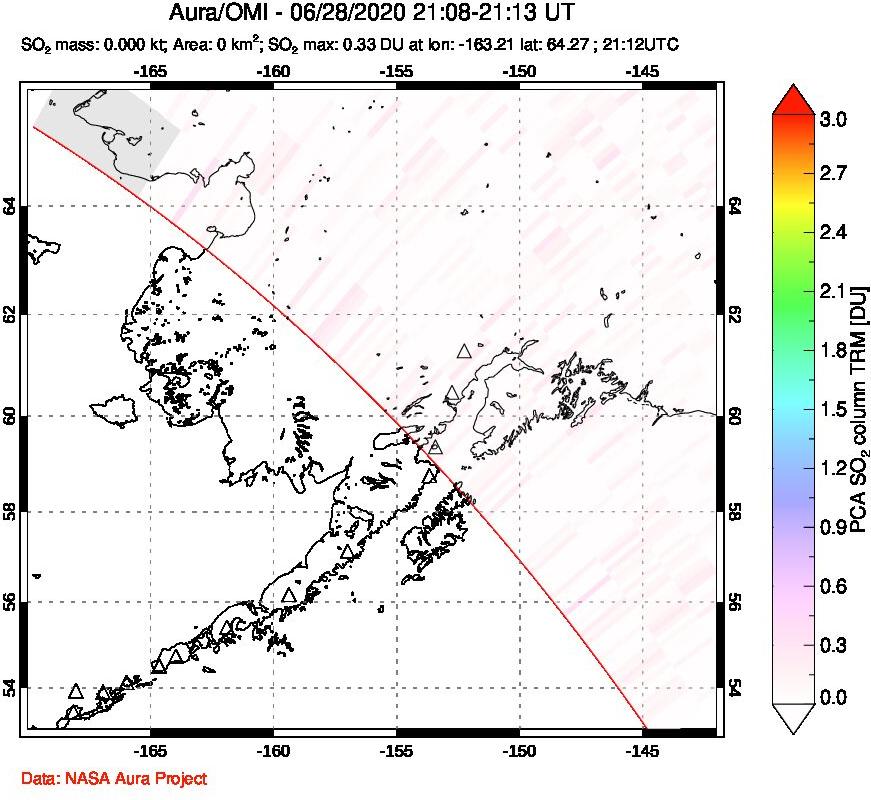 A sulfur dioxide image over Alaska, USA on Jun 28, 2020.