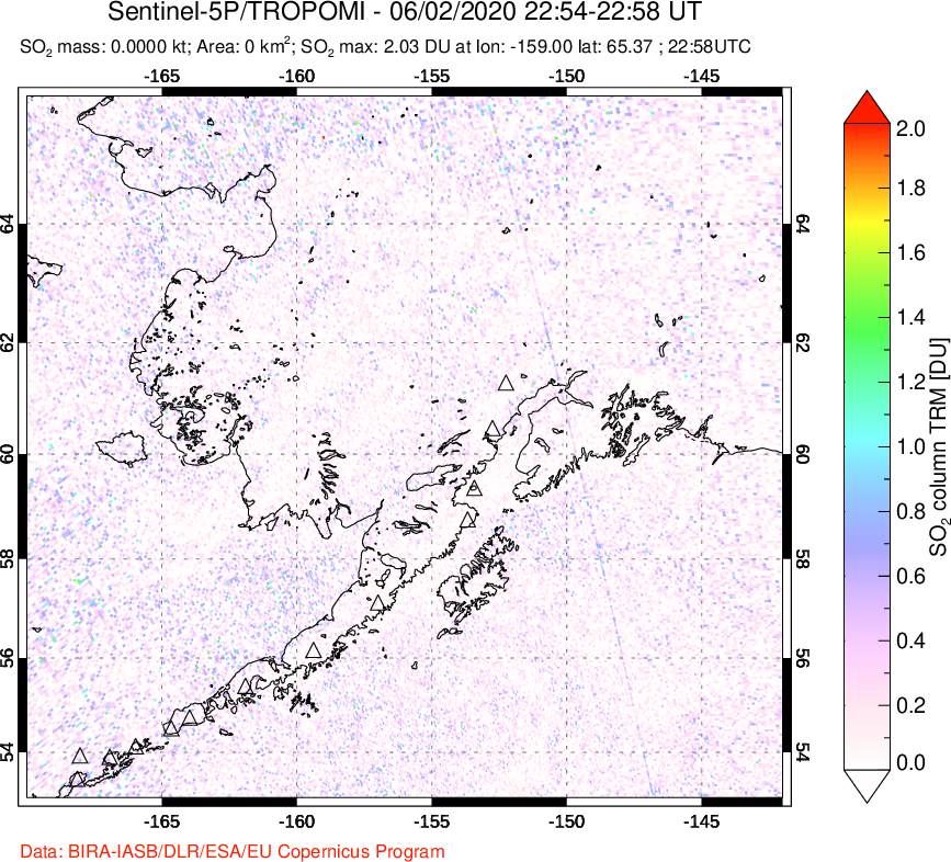 A sulfur dioxide image over Alaska, USA on Jun 02, 2020.