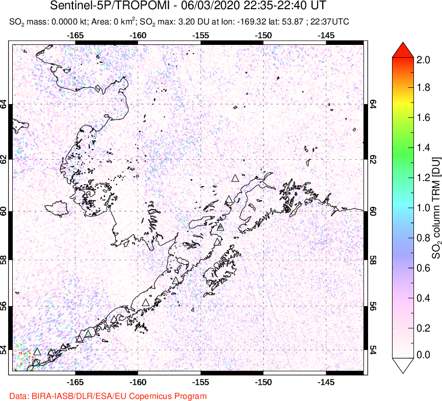 A sulfur dioxide image over Alaska, USA on Jun 03, 2020.