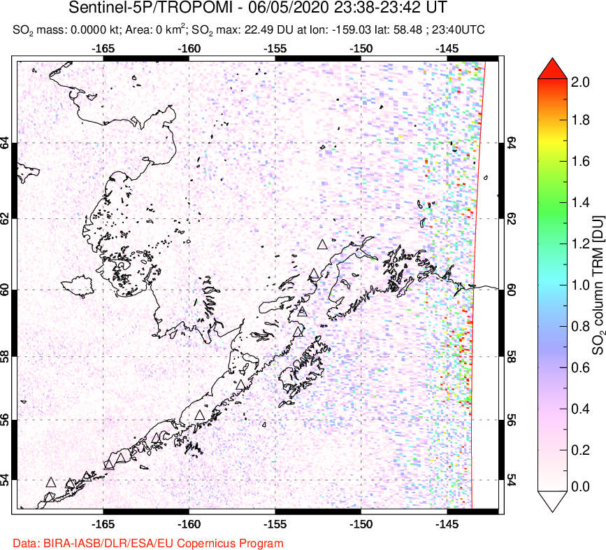 A sulfur dioxide image over Alaska, USA on Jun 05, 2020.