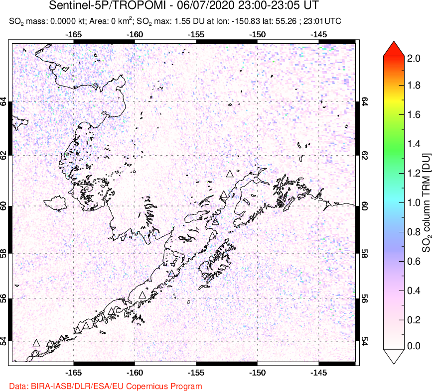 A sulfur dioxide image over Alaska, USA on Jun 07, 2020.