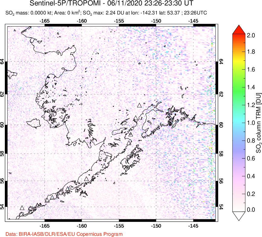 A sulfur dioxide image over Alaska, USA on Jun 11, 2020.