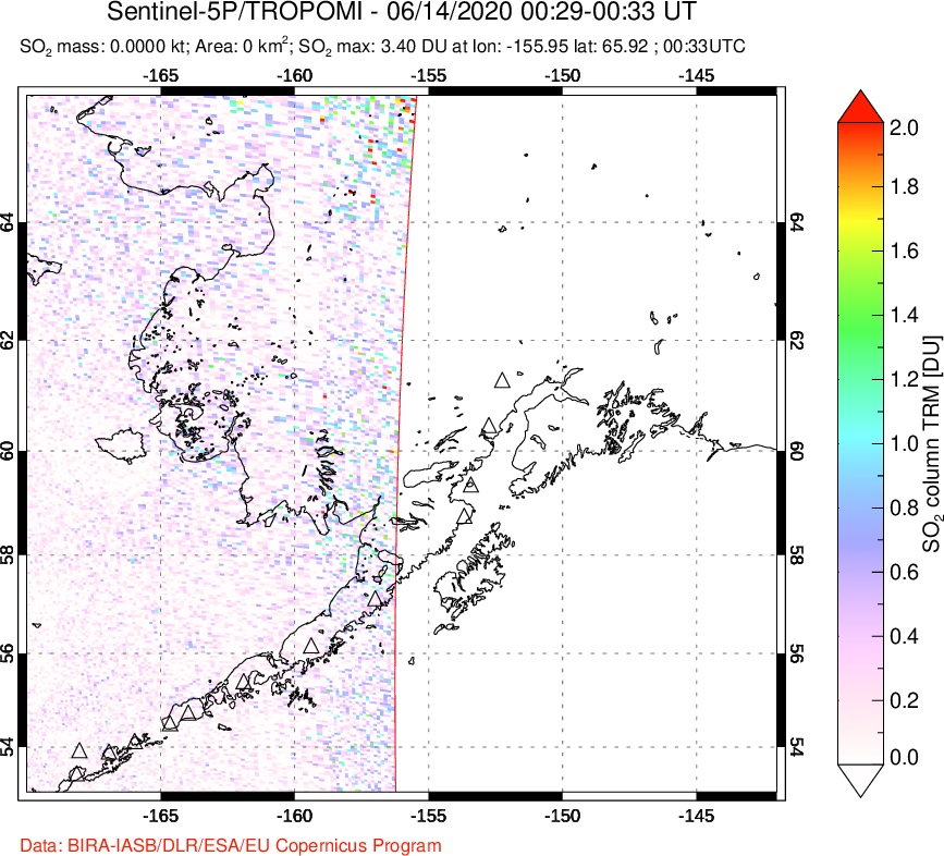 A sulfur dioxide image over Alaska, USA on Jun 14, 2020.
