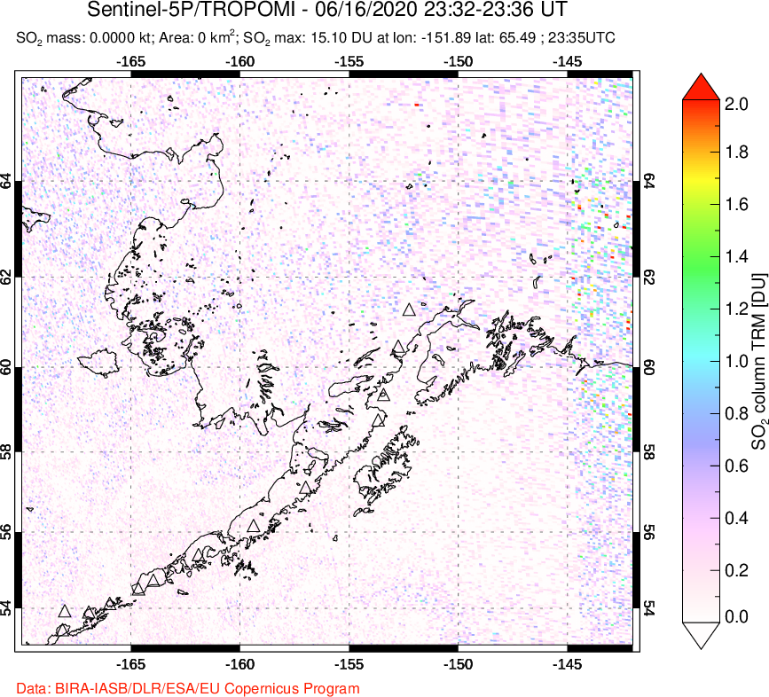 A sulfur dioxide image over Alaska, USA on Jun 16, 2020.