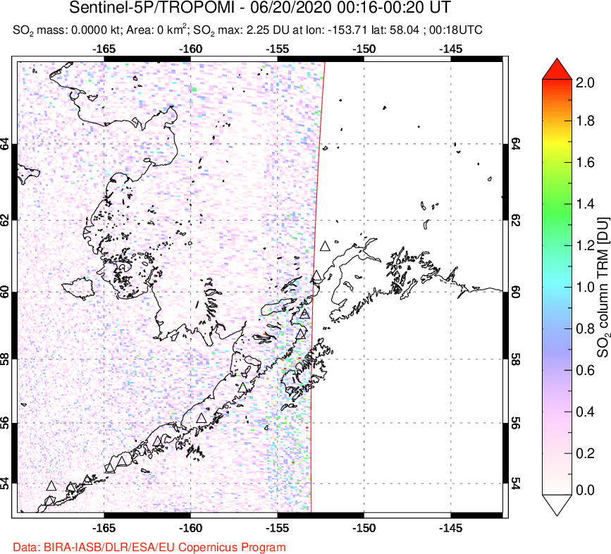 A sulfur dioxide image over Alaska, USA on Jun 20, 2020.