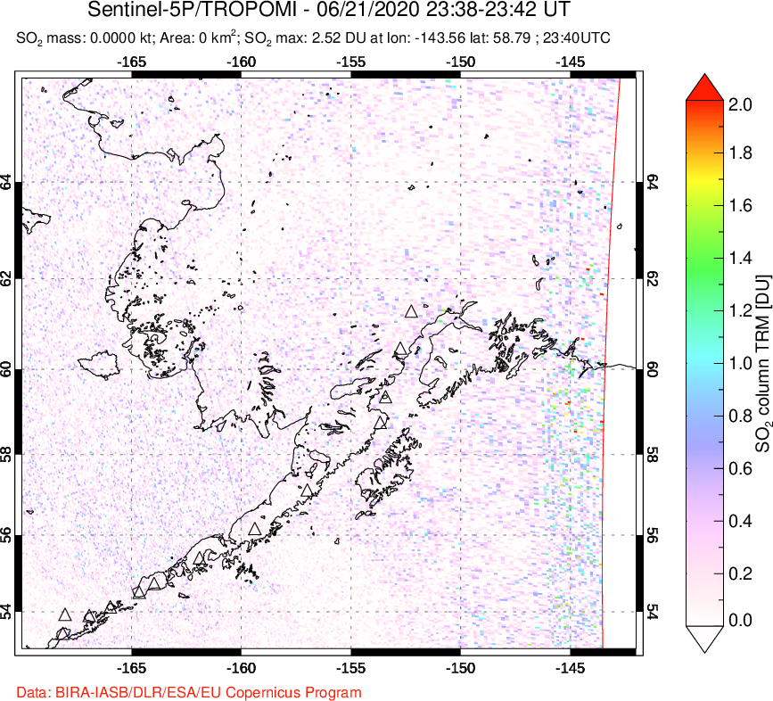 A sulfur dioxide image over Alaska, USA on Jun 21, 2020.