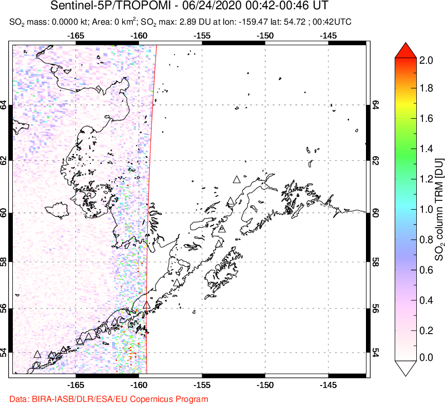 A sulfur dioxide image over Alaska, USA on Jun 24, 2020.