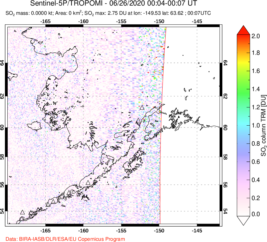 A sulfur dioxide image over Alaska, USA on Jun 26, 2020.