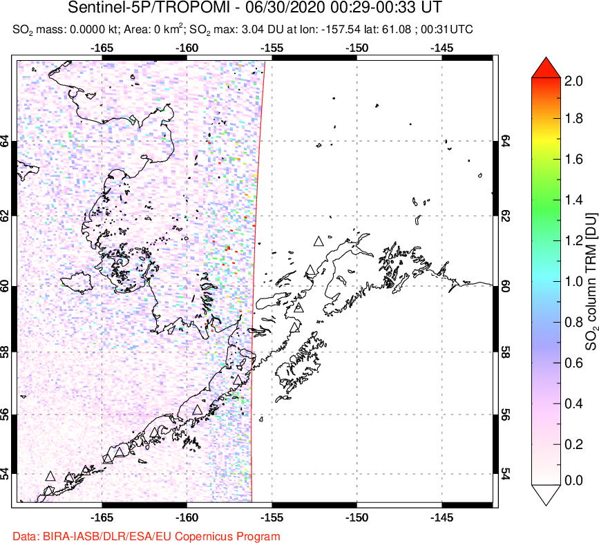 A sulfur dioxide image over Alaska, USA on Jun 30, 2020.