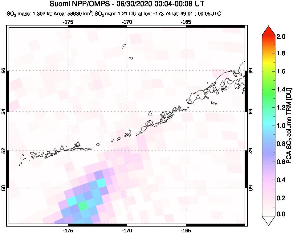 A sulfur dioxide image over Aleutian Islands, Alaska, USA on Jun 30, 2020.