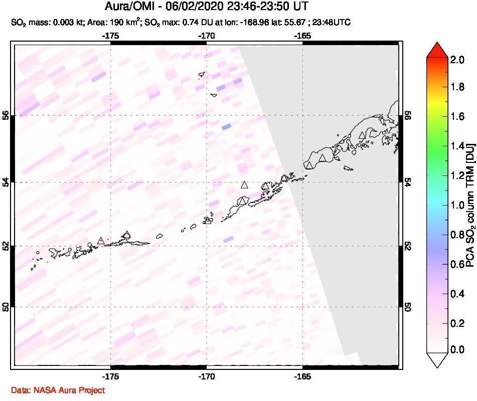 A sulfur dioxide image over Aleutian Islands, Alaska, USA on Jun 02, 2020.