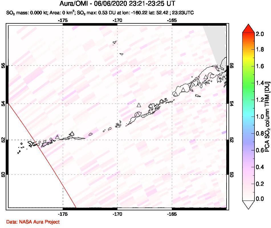 A sulfur dioxide image over Aleutian Islands, Alaska, USA on Jun 06, 2020.